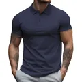 Detalle frontal de un polo azul marino de manga corta para hombre con cuello - S / Tops / Azul marino