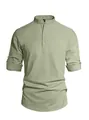 Detailed view of men's linen henley shirt featuring a stand collar and button-up sleeves. - Army Green
