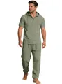 Detailansicht des olivgrünen Leinen-Sets für Herren mit Kapuzenshirt und langer Hose - S / Oberteil Und Unterteil / Armeegrün