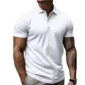 Detailed close-up of a men's white summer short sleeve polo shirt with lapel - S / Tops / White