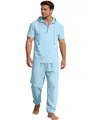 Gesamtansicht von hellblauem Herren-Kapuzen-Kurzarmhemd und langer Freizeithose-Set. - S / Oberteil Und Unterteil / Hellblau