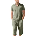 Vista completa de conjunto casual de lino verde para hombre con polo y pantalón pirata - S / Top Y Pantalón / Verde Militar