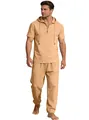 Herren 2-Teiler Leinen-Set mit Kapuzen-Kurzarmhemd und langer Hose in Apricot-Farbe. - Erdgelb