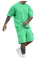 Professional full view of men's loose mint green summer T-shirt and cargo shorts outfit set - S / Green