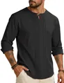 Detail view of men's black cotton linen shirt with vertical pintuck pleats on chest - Black