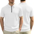 Front and back view of a men's white vertical striped knit polo with half-zip detail - S / Tops / White