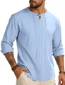 Détail d'une chemise en coton et lin bleu clair pour homme avec plis et col rond - S / Hauts / Bleu ciel