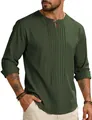 Détail de chemise en coton et lin vert foncé pour homme avec poitrine plissée élégante. - S / Hauts / Vert
