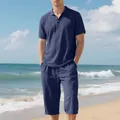 Men's navy blue linen polo shirt and shorts beach set for summer leisure wear. - S / Top And Bottom / Navy Blue