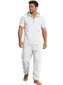 Herren-Set mit weißem Kapuzen-Kurzarmhemd und passender langer Leinenhose - Weiß