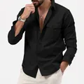 Vista frontale della camicia cargo nera a maniche lunghe da uomo con tasche sul petto - Taglia S / Top / Nero