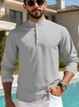 Premium men's grey waffle knit Henley shirt with long sleeves for a casual summer look - S / Tops / Gray