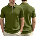 Front and back view of men's olive green vertical stripe half-zip knit Polo shirt - Army Green