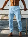 Light blue men's breathable linen cargo pants with drawstring waist and jogger cuffs. - S / Bottoms / Blue