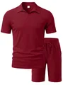 Detailed view of men's burgundy ribbed knit polo shirt and matching shorts set - Red + Black