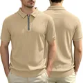 Detailed view of beige men's knitted polo shirt with vertical stripes and half-zip collar. - S / Tops / Khaki