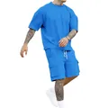 Men's summer loose fit bright blue t-shirt and cargo shorts two-piece tracksuit set - S / Sapphire Blue