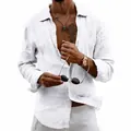 Camicia da uomo casual in lino bianco a maniche lunghe con bottoni - Taglia S / Top / Bianco