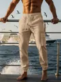 Men's breathable khaki linen cargo pants with drawstring waist and cuffed hem detail - S / Bottoms / Apricot