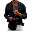 Camicia casual in lino a maniche lunghe da uomo in colore nero con vestibilità ampia - Taglia S / Top / Nero