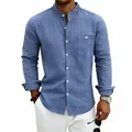 Casual blauw gestreept linnen herenoverhemd met een stijlvolle opstaande kraag en lange mouwen - S / Tops / Blauw