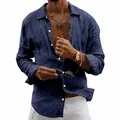 Camicia casual da uomo in lino blu navy a maniche lunghe con vestibilità ampia e bottoni - Taglia S / Top / Blu navy