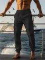 Men's black breathable linen cargo pants with drawstring waist and jogger cuffs - Black