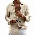 Chemise décontractée pour homme en lin à manches longues, coupe ample, beige kaki - S / Hauts / Kaki