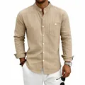 Luxe heren linnen gestreept shirt in kaki met stijlvolle opstaande kraag - S / Tops / Khaki