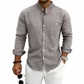 Heren casual linnen gestreept overhemd met opstaande kraag en zak in taupe kleur, lange mouwen - S / Tops / Grijs