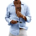 Men's casual light blue thin linen long sleeve shirt featuring a loose fit and lapel design - Light Blue
