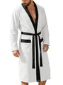 Men's long jacquard soft bathrobe in white with contrasting black trim and waist belt - M / Tops / White