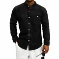 Men's black linen striped casual shirt featuring a stand collar and long sleeves for spring - Black