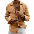 Casual loose fit linen long sleeve shirt for men in apricot khaki color spring style - Earthy Yellow