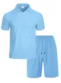 Light blue men's summer two-piece casual set featuring ribbed knit polo and shorts - S / Top And Bottom / Light Blue