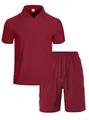 Men's burgundy ribbed knit 2-piece Polo shirt and shorts leisure set for summer style - S / Top And Bottom / Burgundy