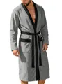 Classic men's grey jacquard long bathrobe featuring black contrast trim and waist belt - M / Tops / Gray