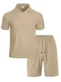 Men's summer two-piece casual sports set featuring ribbed knit polo shirt and shorts in khaki - S / Top And Bottom / Khaki
