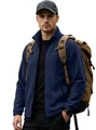 Detail view of men's navy blue polar fleece outdoor warm jacket with zipper pockets. - Navy Blue