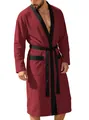 Burgundy men's long jacquard bathrobe featuring black contrast trim and waistbelt design - Burgundy