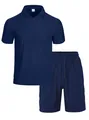 Casual men's navy blue ribbed knit Polo shirt and shorts two-piece set for summer outfit - S / Top And Bottom / Navy Blue