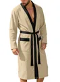 Soft beige long bathrobe for men with black contrast trim and ribbed jacquard texture - Khaki