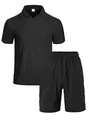 Men's summer black ribbed knit polo shirt and shorts 2-piece casual outfit set - Black