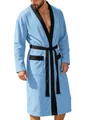 Men's long light blue jacquard bathrobe featuring black contrast belt and trim details - Sky Blue
