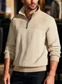 Vista dettagliata maglione uomo con zip a un quarto e trame a treccia e nido d'ape - Taglia S / Top / Kaki