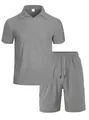 Men's summer grey ribbed knit short-sleeved polo shirt and casual shorts sports set - Gray