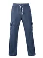 Close-up of blue men's corduroy cargo pants with white drawstring and side pockets. - S / Bottoms / Navy Blue