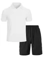 Men's casual summer rib knit polo shirt and matching black shorts two-piece set - White + Black