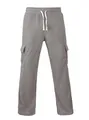 Detail view of men's grey corduroy cargo pants with drawstring and side pockets - S / Bottoms / Gray