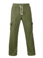 Close-up detail of men's olive green corduroy cargo pants featuring a drawstring waist. - Army Green